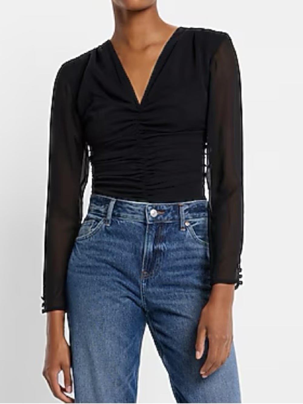 NWOT Express Sheer-Sleeve Ruched V-Neck Top - Black
